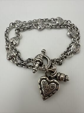 Brighton Retired Heart Charm Toggle Bracelet Silver Tone Double Chain